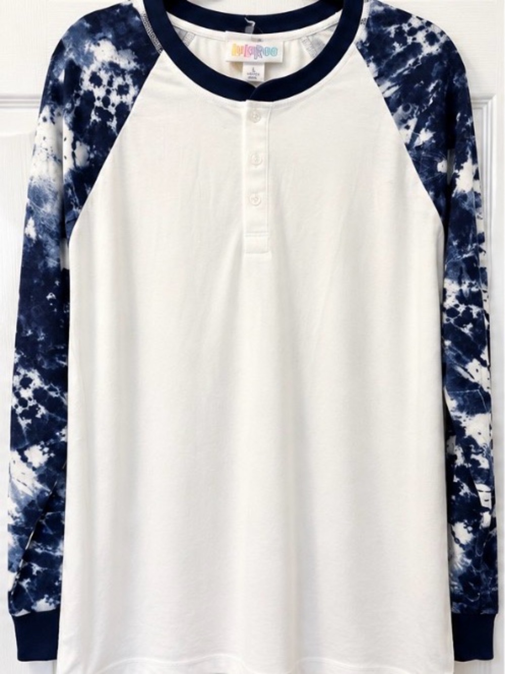 LuLaRoe Women's Henley Top - White with Navy Tie-Dye Sleeves